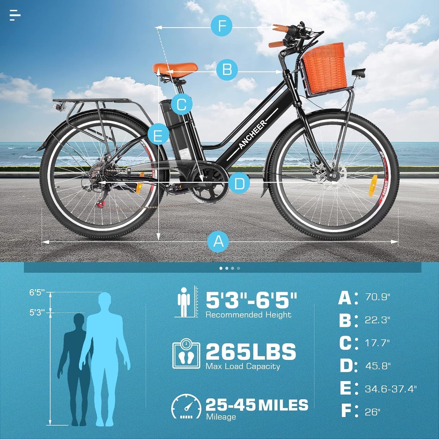 ANCHEER Electric Bike for Adults, 26' Peak 749W Motor Low Frame Electric City Bike with 48V/374Wh Battery, Up to 50Miles Step Through Commuter Ebike/Electric Bicycle with Basket, LCD Display
