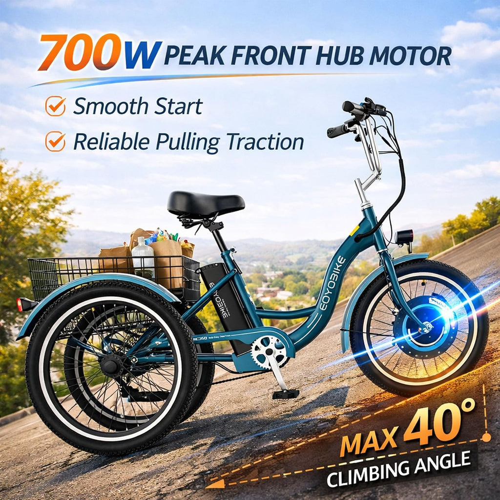 MOONCOOL Adult Electric Tricycle, 350W Front Drive Motor (Peak 700W), 15.5MPH E-Trike, Removable 36V 10.4Ah Battery, Max 60 Miles, 7-Speed 3 Wheel Electric Bike