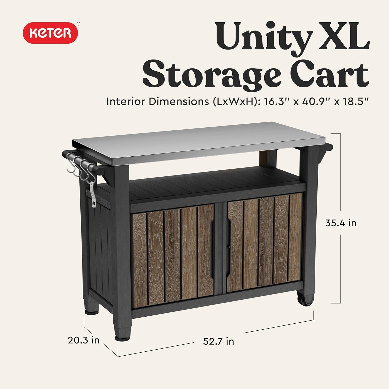 Keter Unity XL Outdoor Entertainment Cart with Wood‑Look Finish, 78‑Gallon Patio Storage Cabinet, Food Prep Station, Stainless‑Steel Top for BBQ, Grill, Patio, Deck & Backyard, Walnut