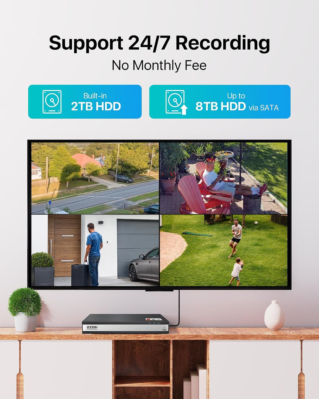 ZOSI 3K Lite 16CH Security Camera System with AI Human Vehicle Detection, Night Vision, 16 x 1080p Outdoor Indoor CCTV Wired Cameras, 16 Channel H.265+ Surveillance DVR with 2TB HDD for 24/7 Recording