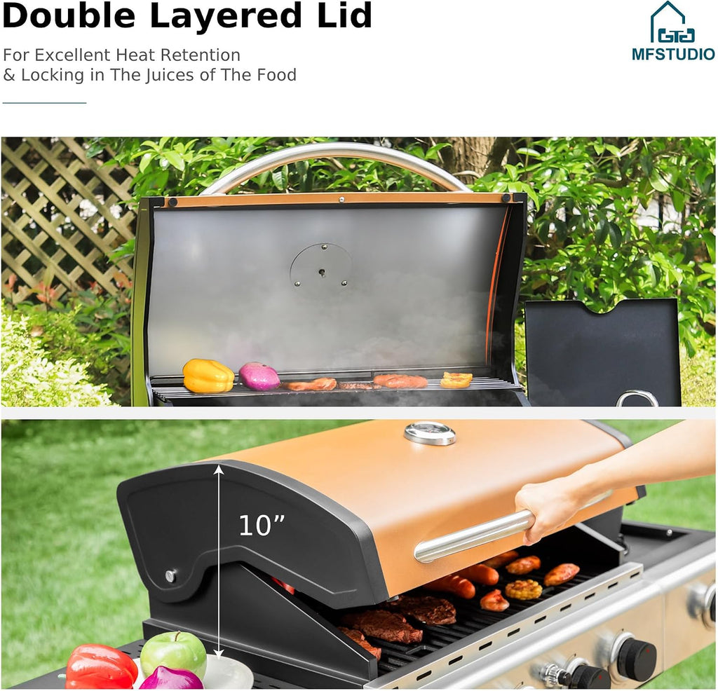 MFSTUDIO 4-Burner Propane Gas Grill, Stainless Steel BBQ Grill with Side Burner and Porcelain-Enameled Cast Iron Grates, High Output Gas BBQ Grills for Barbeque and Outdoor Cooking, Gold