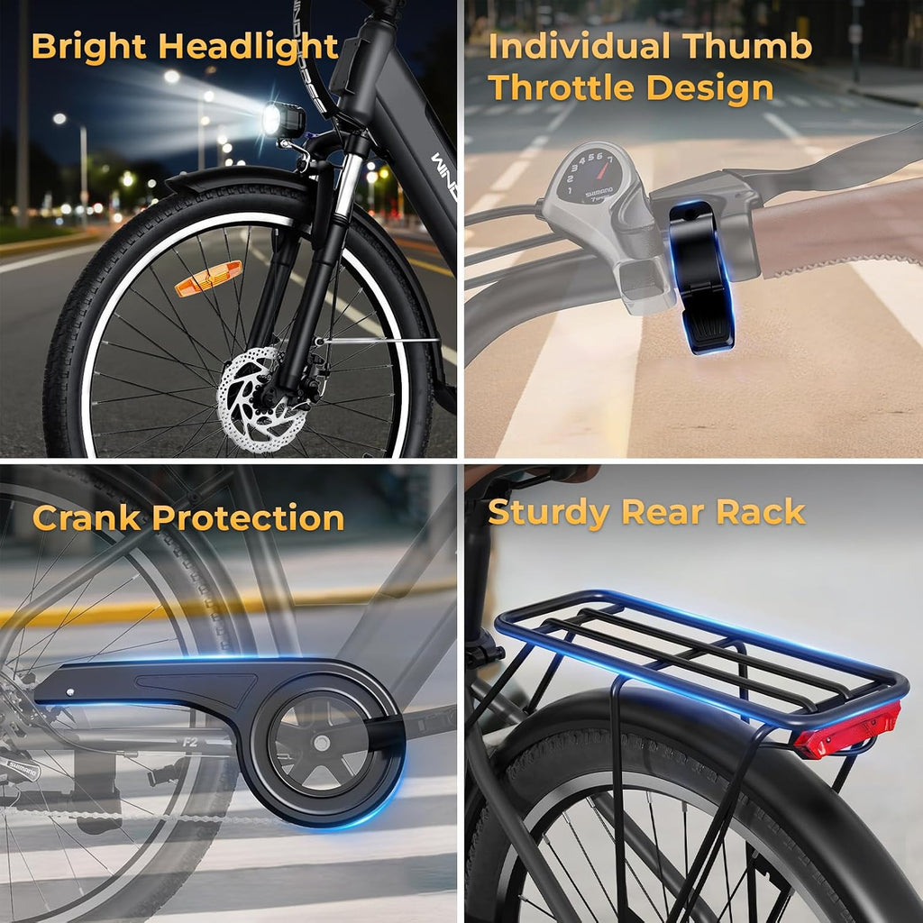 WINDHORSE 26' Electric Bike for Adults 20MPH & 30-50 Miles Range, Shimano 7-Speed, 468WH Removable Battery Commuter Ebike with 750W Peak Motor, Front Suspension, Rear Rack, Fenders, UL2849 Certified