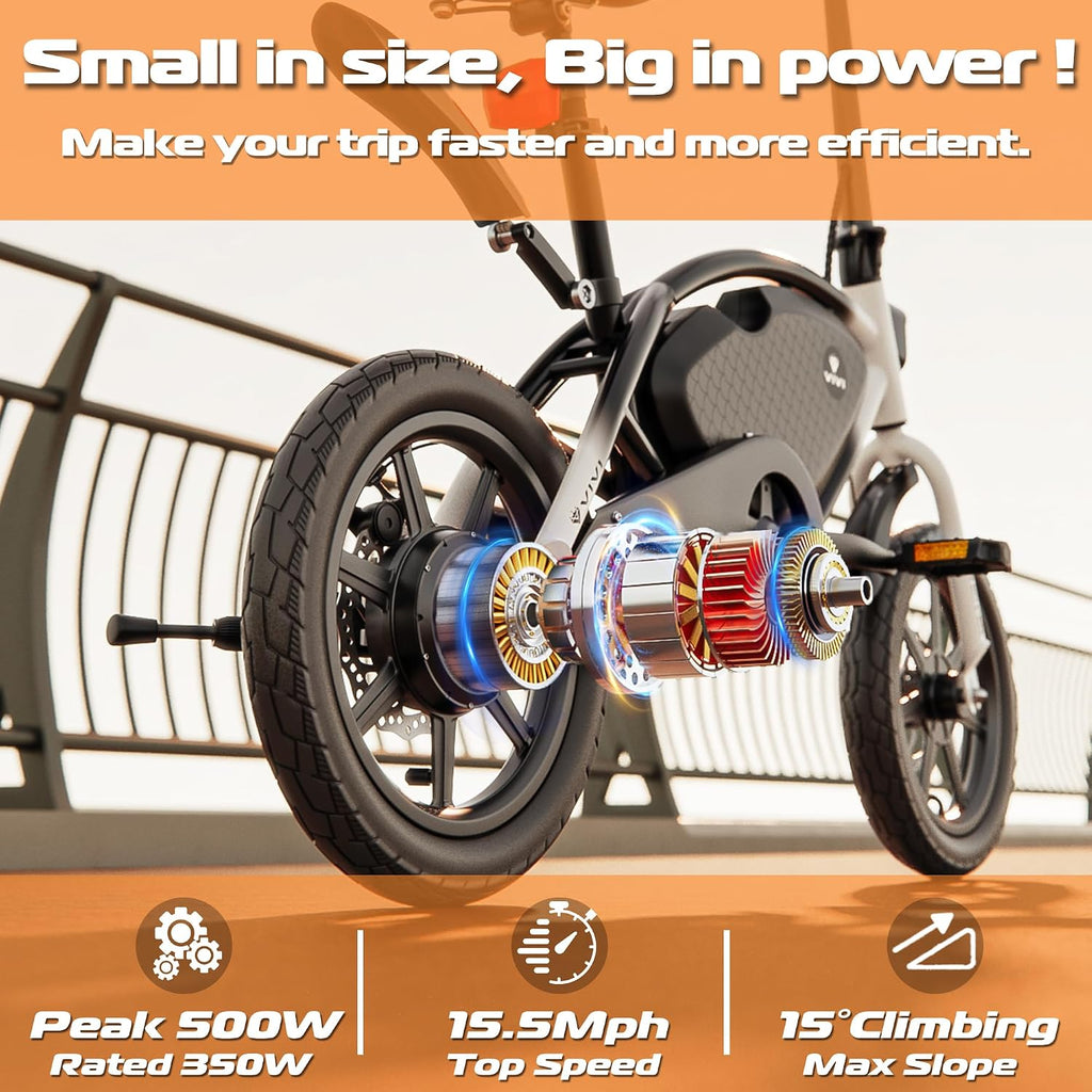 Vivi PONY01 Electric Bike, 14' Electric Bicycle for Adults and Teens Peak 500W Motor 48V 374.4WH Battery, Max 40 Miles Range(Pedal-Assist) & Top 20 Mph, Cruise Control, SGS Certified to UL2849