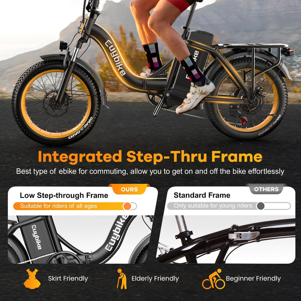 EUYBIKE Folding Electric Bike for Adults with Peak 1000W Motor, 48V 20AH Battery up to 80 Miles, 20' Fat Tire All Terrain Ebike, Front Suspension 7-Speed Commuter E Bike, Step-Thru, UL Certified