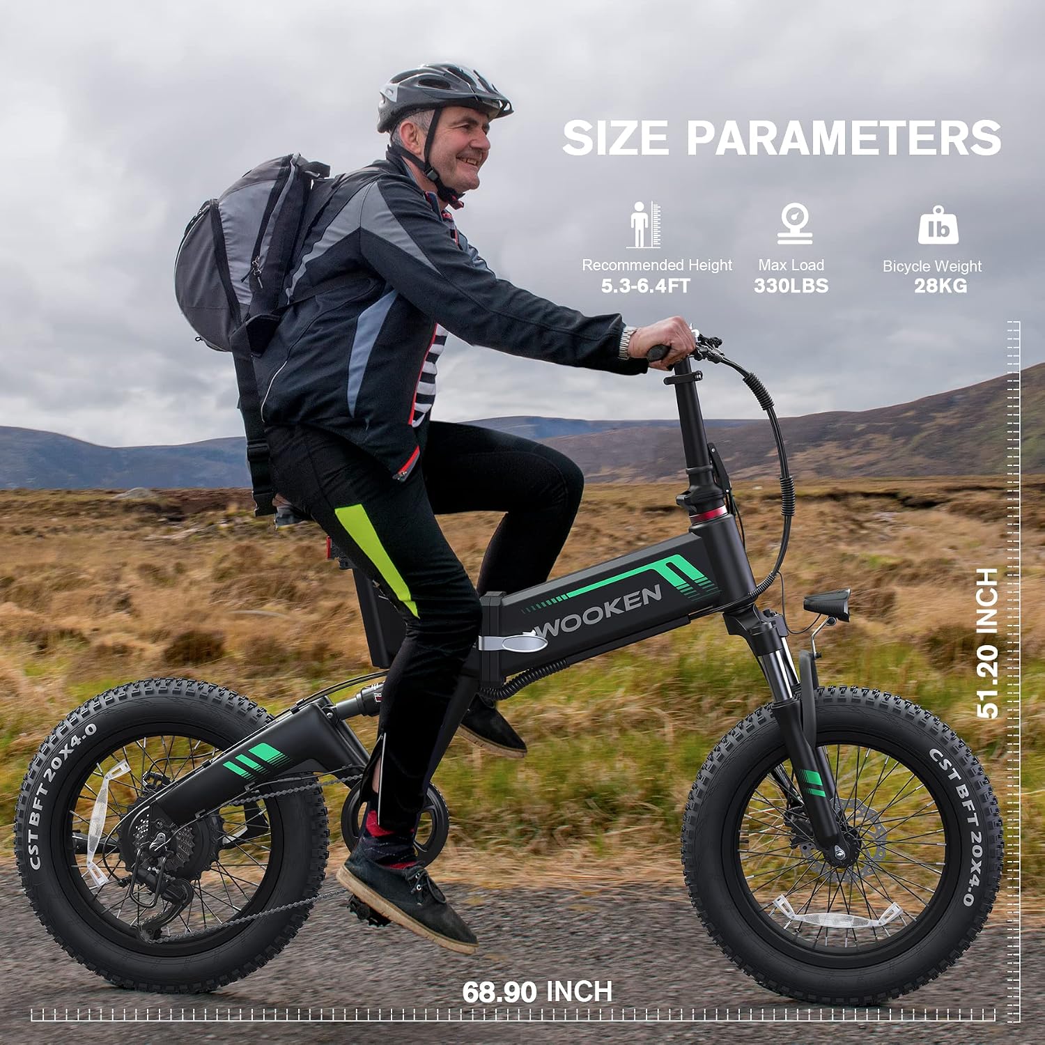Wooken Electric Bike, 20''X4.0 Fat Tire Electric Bike for Adults, Peak 1000W Foldable Electric Bike with 48V 10Ah Battery,Professional 7 Speed,Shock Absorber, 20MPH Ebike for Mountain Beach Snow