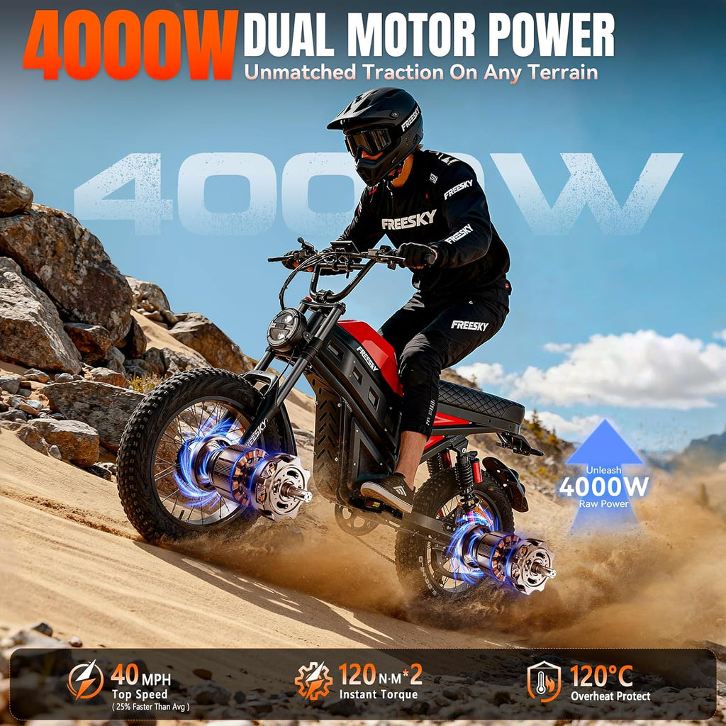 FREESKY 4000W Dual Motor Electric Dirt Bike for Adult,2880WH 60AH Battery Up to 40MPH & 200Mile Long Range Moped Ebike,20' Fat Tires All Terrain Mountain E bike,Full Suspension AWD Electric Motorcycle