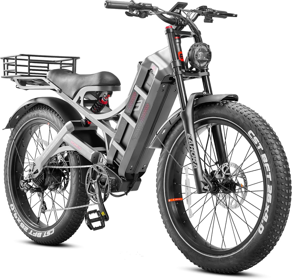 eAhora 2026 Romeo Pro 3 5600W 50Mph High-Torque Ebike, 60V 80Ah 250-Mile Long Range Electric Bike for Adults, Adjustable Air Suspension, 26'' Puncture-Proof Tire, UL 2849 Certified by TÜV