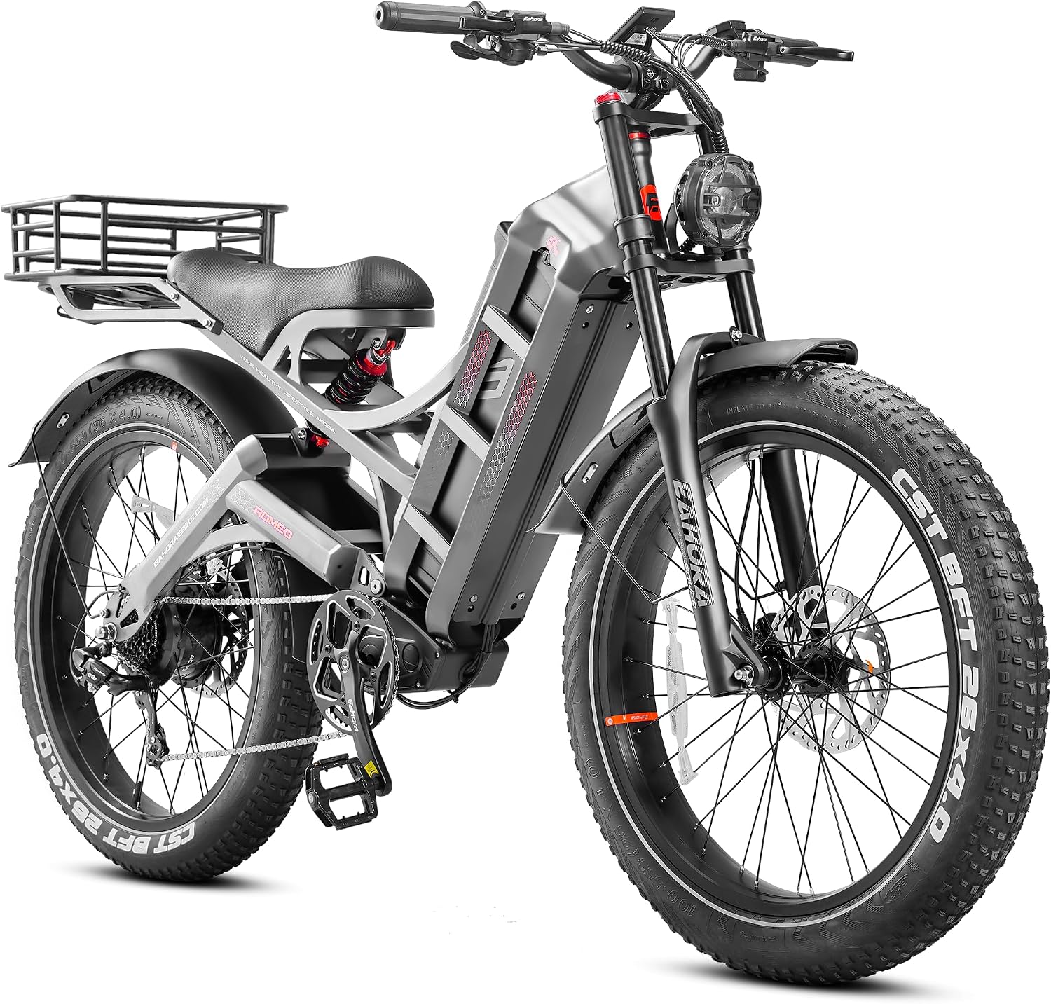 eAhora 2026 Romeo Pro 3 5600W 50Mph High-Torque Ebike, 60V 80Ah 250-Mile Long Range Electric Bike for Adults, Adjustable Air Suspension, 26'' Puncture-Proof Tire, UL 2849 Certified by TÜV