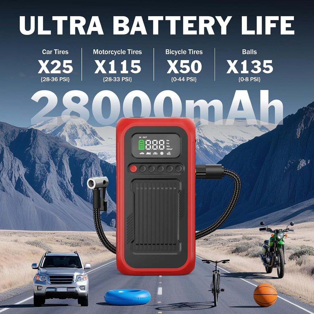 Tire Inflator Portable Air Compressor,12V Car Battery Jump Starter,5X Faster Air Pump For Car Tire with Digital Tire Pressure Gauge&LED Light&Auto Shut-Off,Cordless Pump for Car,Motor,Bicycle