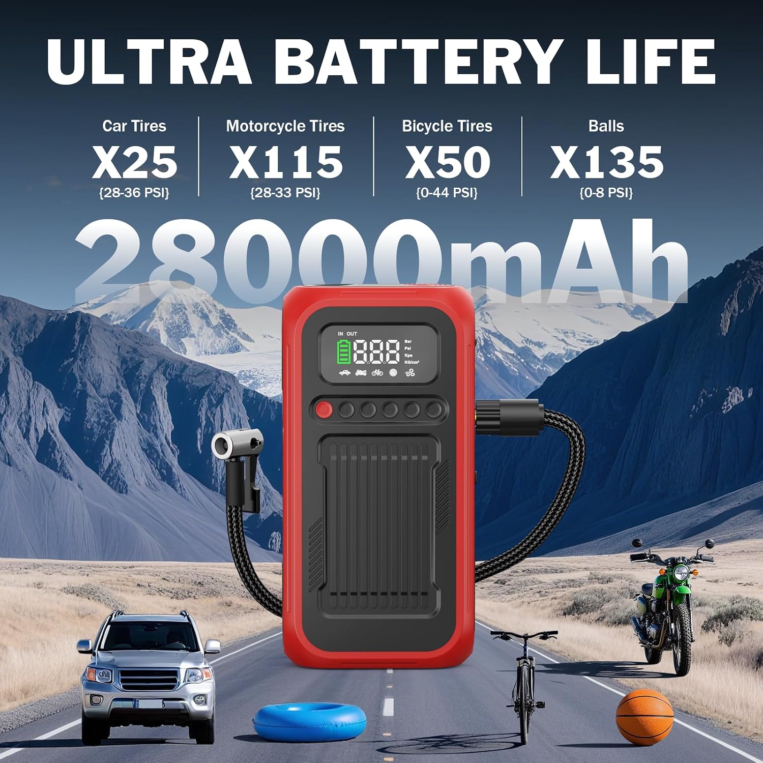 Tire Inflator Portable Air Compressor,12V Car Battery Jump Starter,5X Faster Air Pump For Car Tire with Digital Tire Pressure Gauge&LED Light&Auto Shut-Off,Cordless Pump for Car,Motor,Bicycle