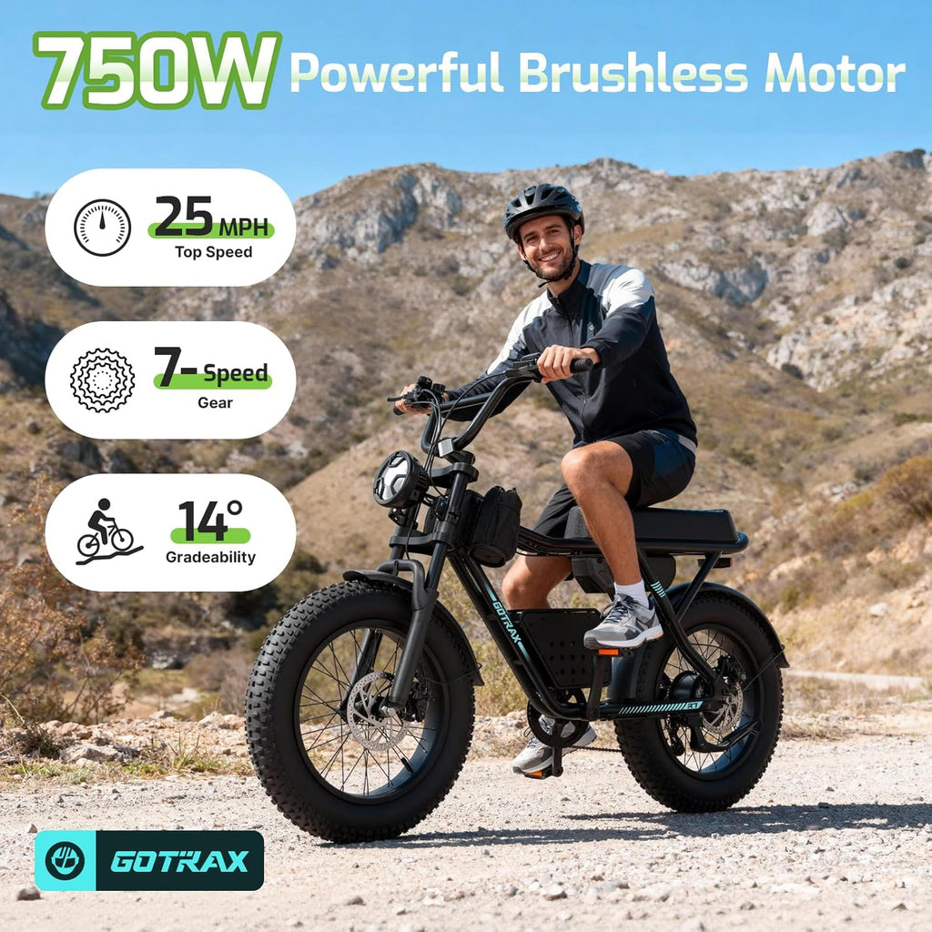 Gotrax R7 Electric Bike for Adults, 750W Motor, 25mph, Max 45-Mile Range, 20' Fat Tire, UL Certified, 48V Removable Battery, Oversized Padded Seat, Basket&Frame Bag, Easy Assembly for City&All-Terrain