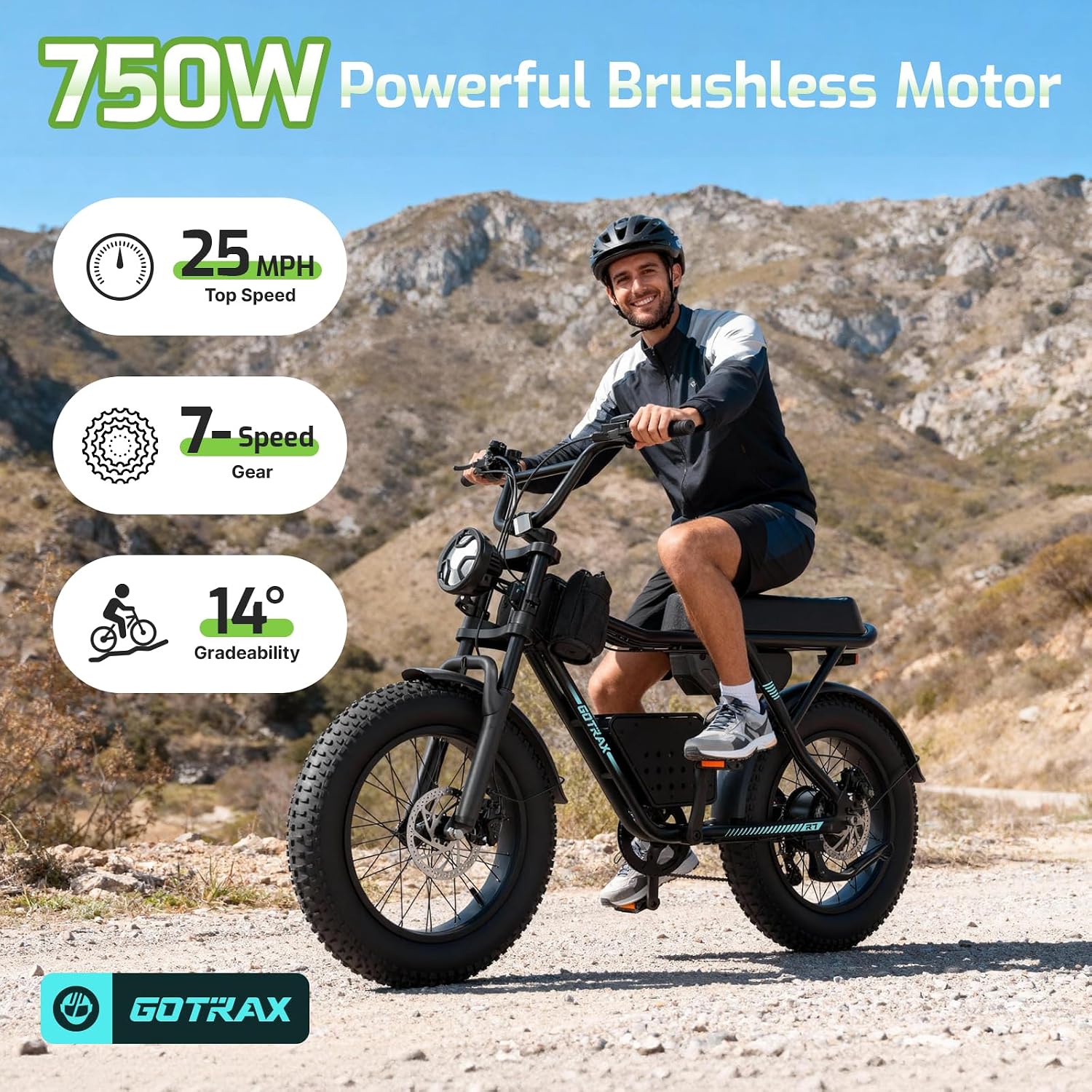 Gotrax R7 Electric Bike for Adults, 750W Motor, 25mph, Max 45-Mile Range, 20' Fat Tire, UL Certified, 48V Removable Battery, Oversized Padded Seat, Basket&Frame Bag, Easy Assembly for City&All-Terrain
