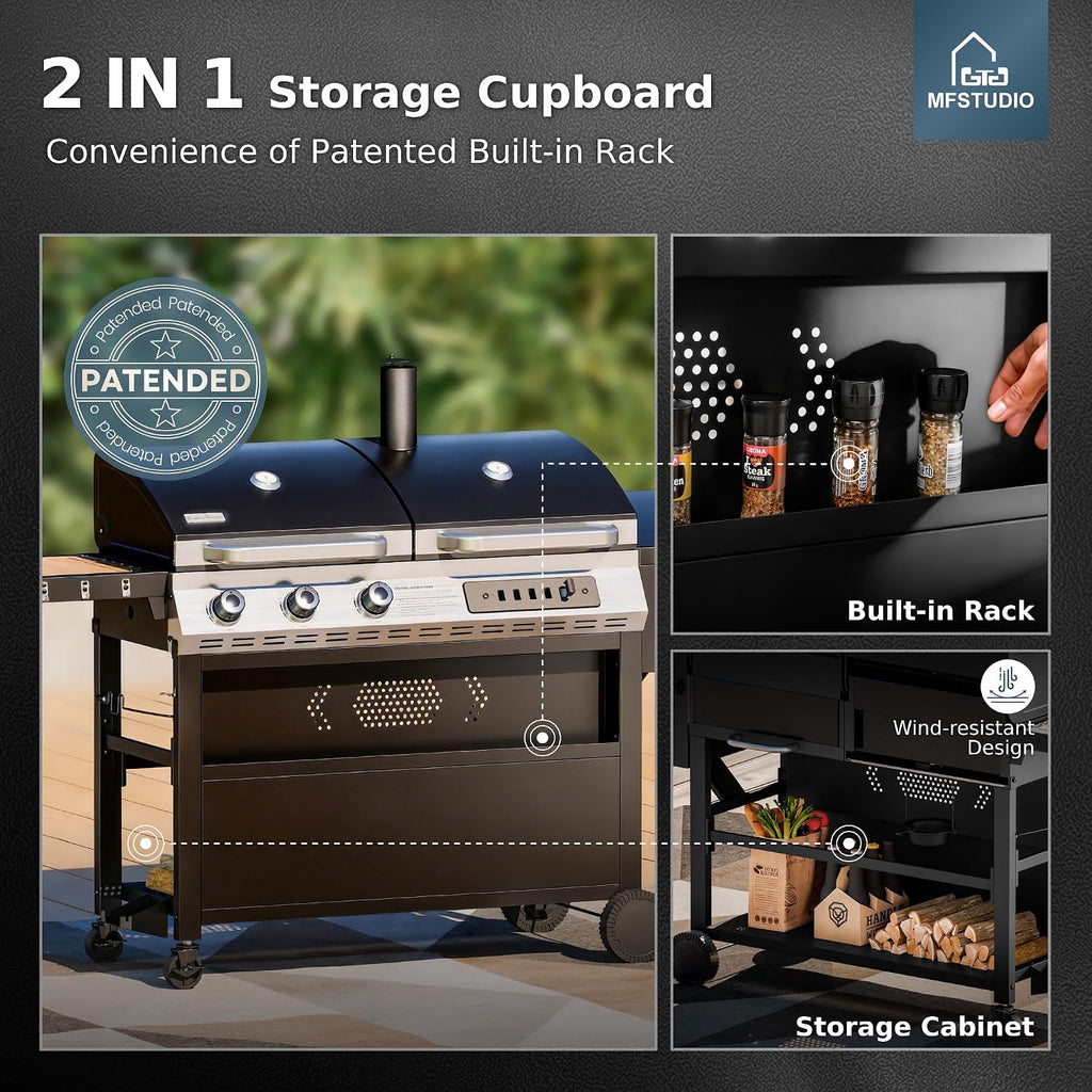 MFSTUDIO Gas and Charcoal Grill Combo with Side Smoker, Heavy Duty Dual Fuel BBQ Grill with Porcelain-Enamel Grates, Perfect for Outdoor Grilling, 840 SQIN Cooking Area