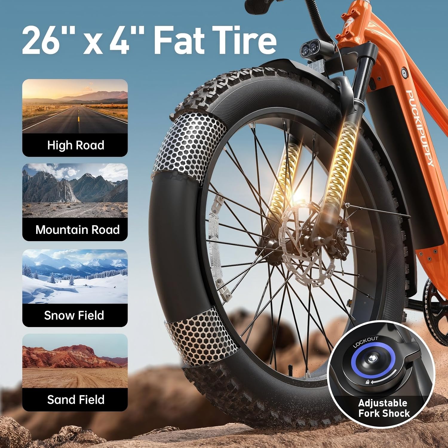PUCKIPUPPY Electric Bike for Adults 960W, 26' Fat Tire 80Miles Range Electric Mountain Bike, 48V 15AH Removable Battery Ebike, 28MPH 7 Speed Aluminum Frame E Bike with Rear Storage Shelf
