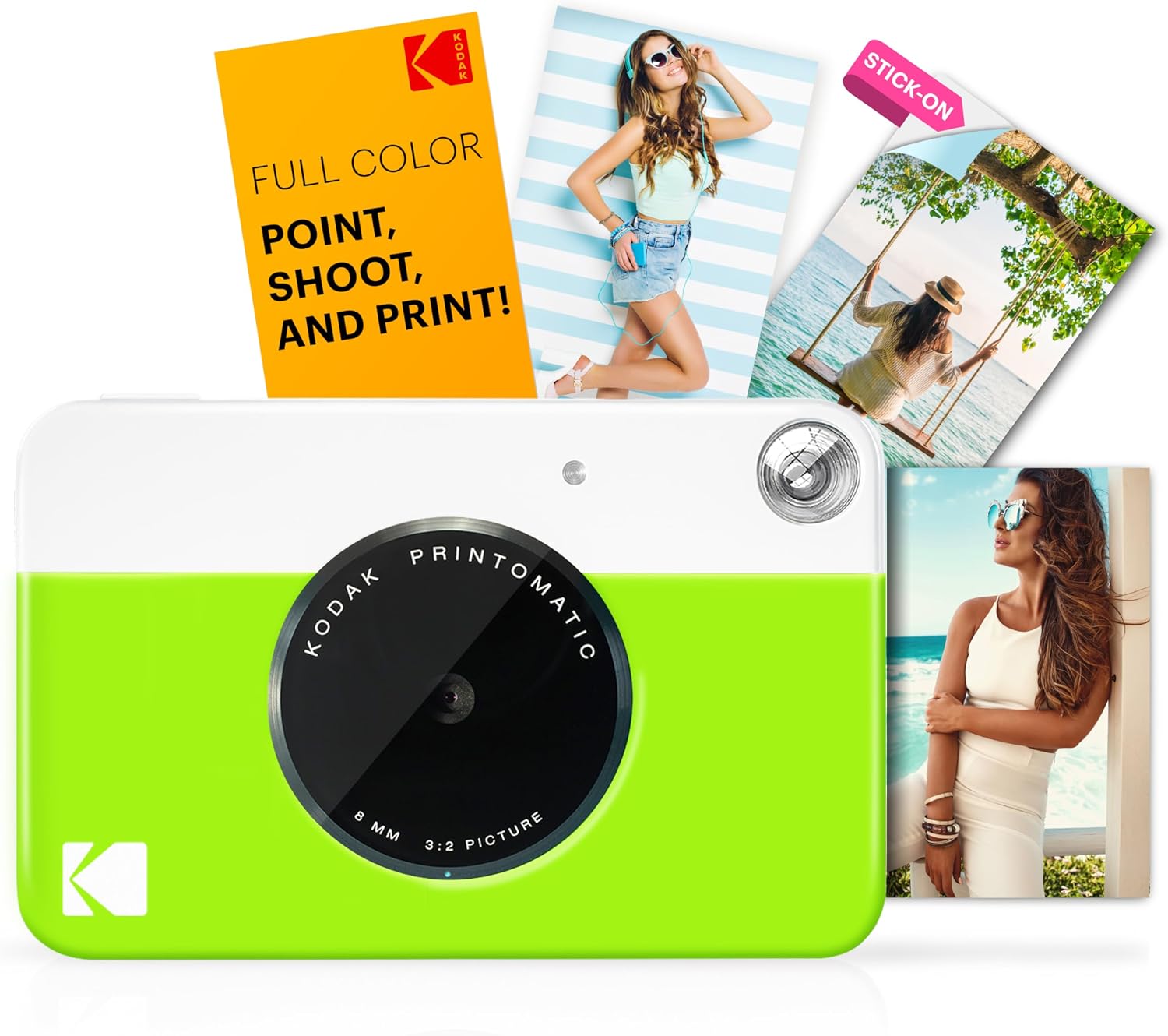 Kodak Printomatic Instant Camera (Green) All-in-Bundle + Zink Paper (20 Sheets) + Deluxe Case + Photo Album + 7 Sticker Sets + Markers + Scissors and More