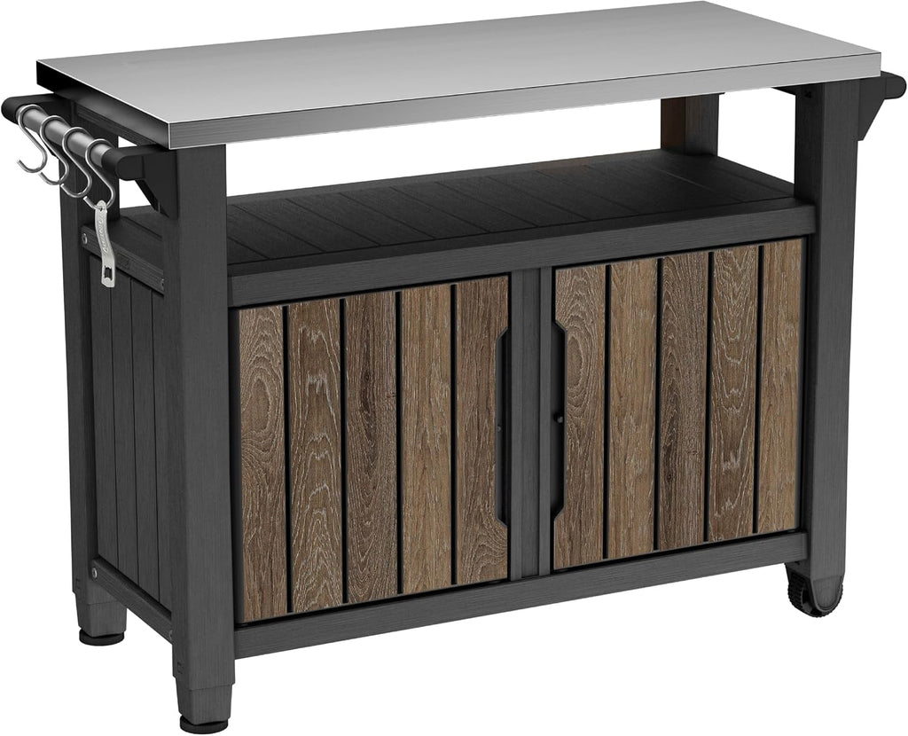 Keter Unity XL Outdoor Entertainment Cart with Wood‑Look Finish, 78‑Gallon Patio Storage Cabinet, Food Prep Station, Stainless‑Steel Top for BBQ, Grill, Patio, Deck & Backyard, Walnut
