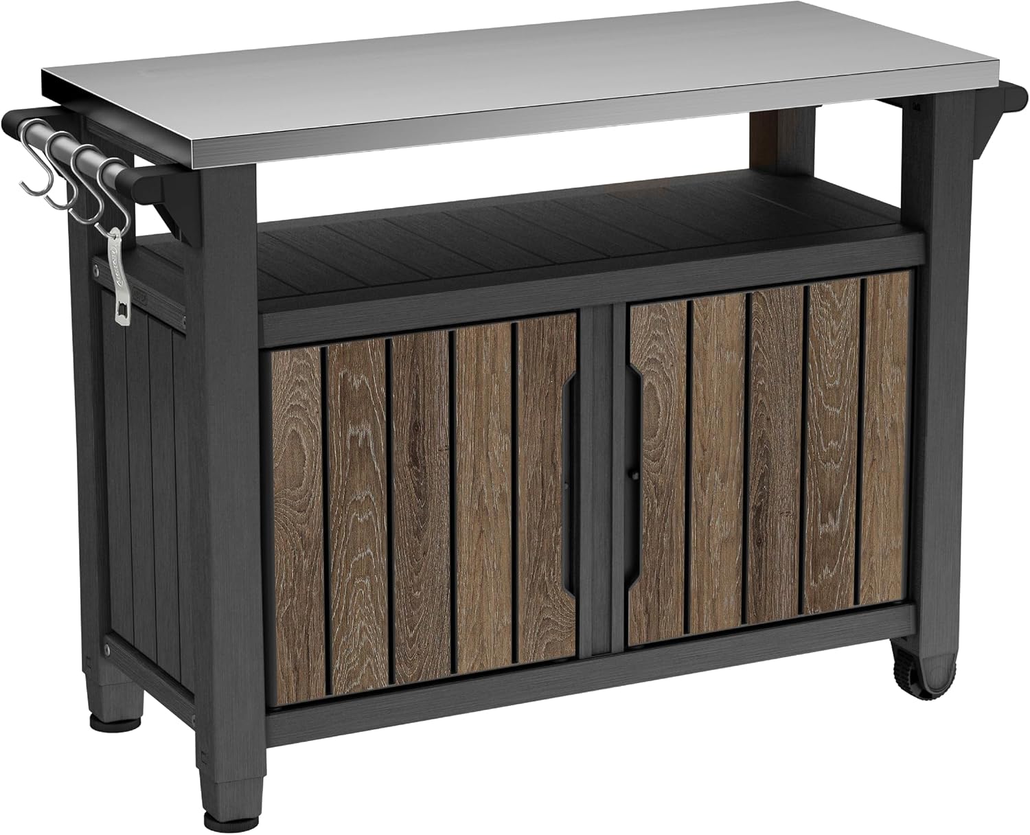 Keter Unity XL Outdoor Entertainment Cart with Wood‑Look Finish, 78‑Gallon Patio Storage Cabinet, Food Prep Station, Stainless‑Steel Top for BBQ, Grill, Patio, Deck & Backyard, Walnut