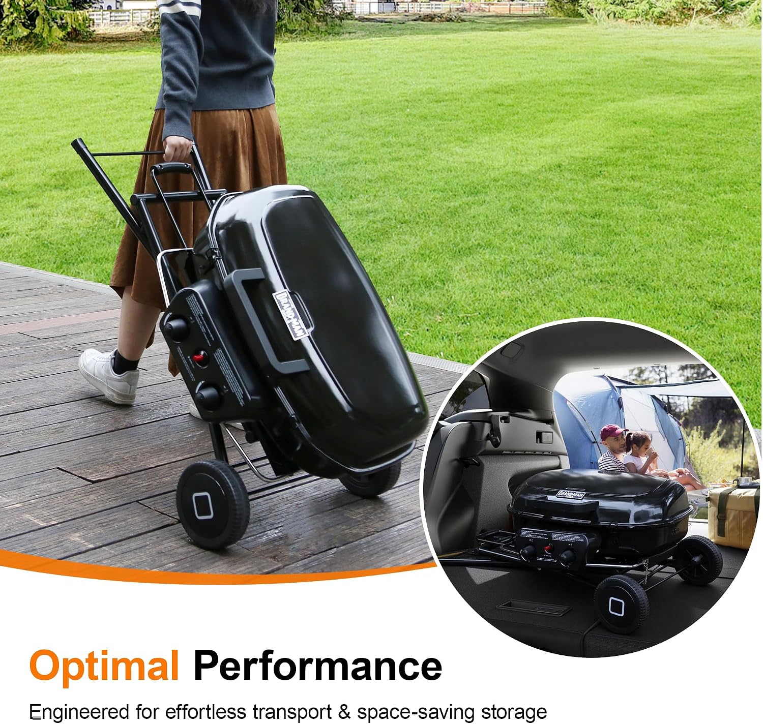 Brand-Man Portable Propane Gas Grill with Folding Cart and Push-Button Ignition, Standup Design for Camping, Tailgating, Backyard BBQ, Patio, Outdoor Cooking (Black)