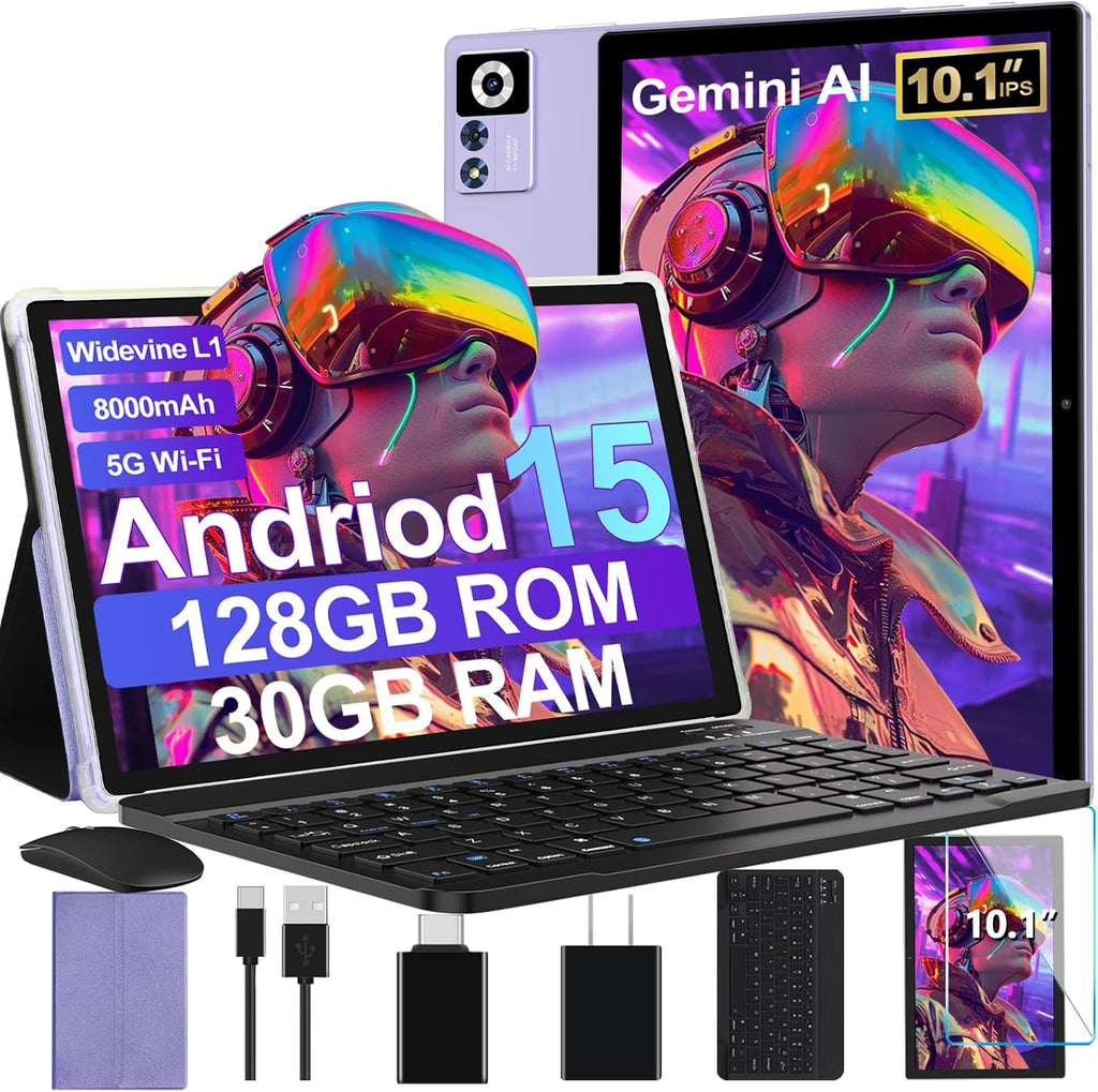 2026 Android 15 Tablet with Keyboard | Gemini AI, 30GB+128GB Octa-Core Electronics Tablets w/ 10 Inch IPS HD Display, 8000mAh, 5G WiFi, 1TB Expand, Mouse+Case, BT 5.0, Widevine L1, Metal Body -Purple