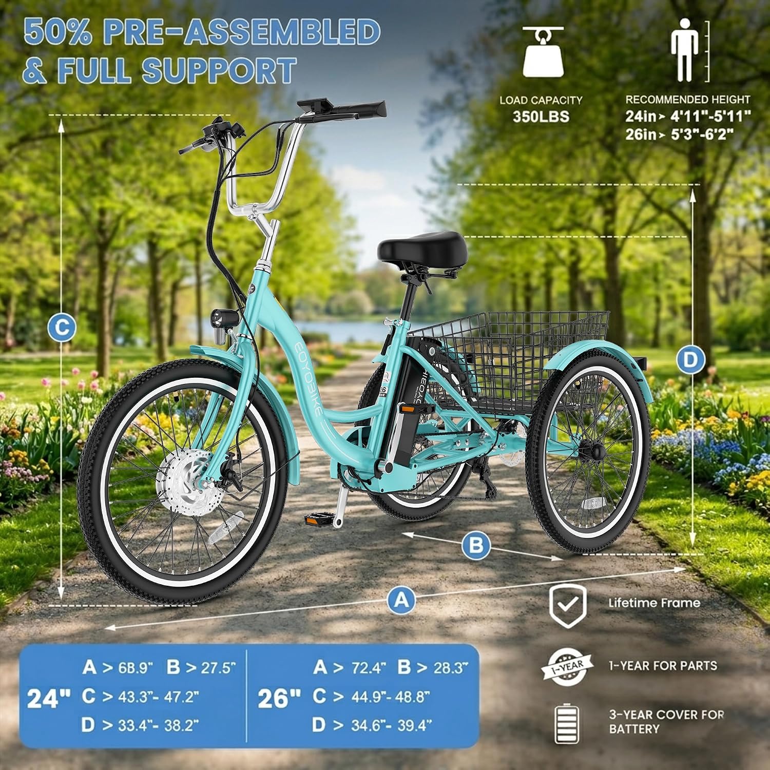 MOONCOOL Adult Electric Tricycle, 350W Front Drive Motor (Peak 700W), 15.5MPH E-Trike, Removable 36V 10.4Ah Battery, Max 60 Miles, 7-Speed 3 Wheel Electric Bike