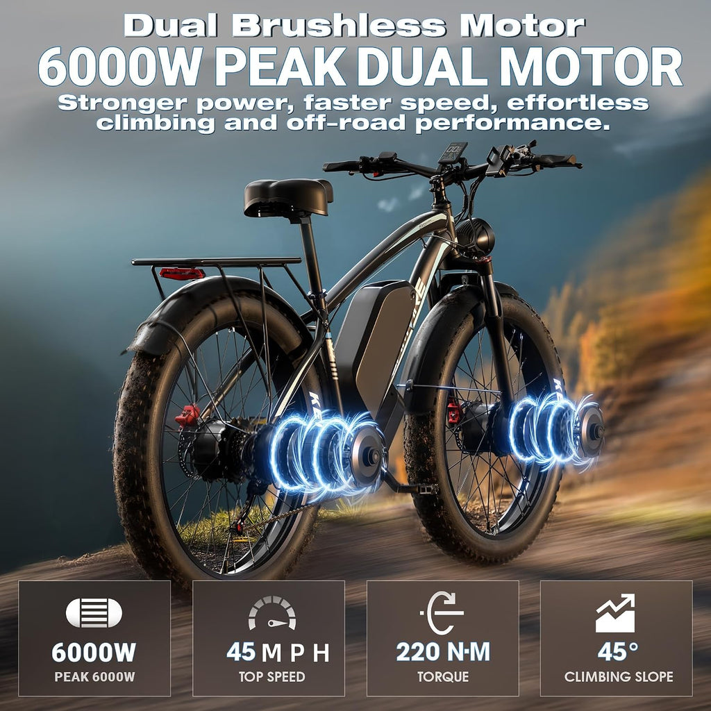 E Bike for Adults, Peak 6000W Dual Motor Electric Bike, 52V 32AH Battery 45 M P H Up to 100 Miles EBike, Front Suspension 7-Speed 24' Fat Tire Electric Commuter Bike, UL2849 Certified By SGS