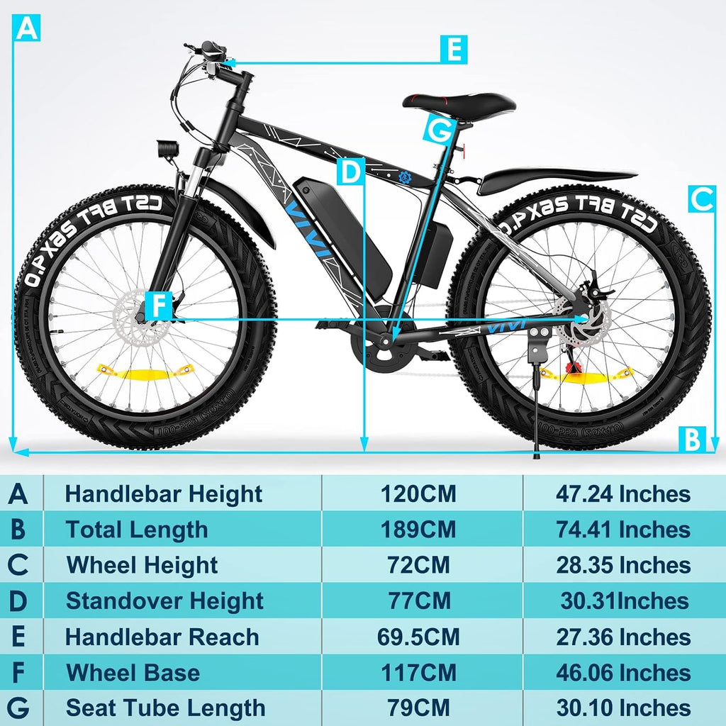 Vivi Electric Bike 26' x 4.0 Fat Tire Ebikes for Adults, Peak 750W Electric Mountain Bike, 20MPH Electric Bicycle with 48V 13AH Removable Lithium-Ion Battery, Up to 60 Miles, SGS Certified to UL2849