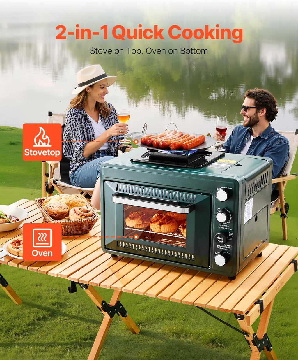 VEVOR Outdoor Camping Oven, 2-in-1 Portable Gas Camping Stove Oven Combo, Adjustable Fire, 60-Minute Timer, Windproof, for Camping Backyard Picnic Outdoor Cooking, Universal Butane Canister Compatible
