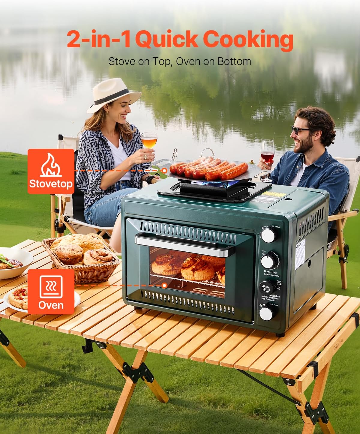 VEVOR Outdoor Camping Oven, 2-in-1 Portable Gas Camping Stove Oven Combo, Adjustable Fire, 60-Minute Timer, Windproof, for Camping Backyard Picnic Outdoor Cooking, Universal Butane Canister Compatible