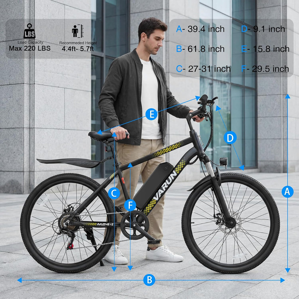 VARUN Electric Bike - 500W Peak Motor, 24/26' All-Terrain E-Bike, Up to 40 Miles & 20 MPH, Removable Battery, 7-Speed, Front Suspension, Dual Disc Brakes, with Free Accessory Pack