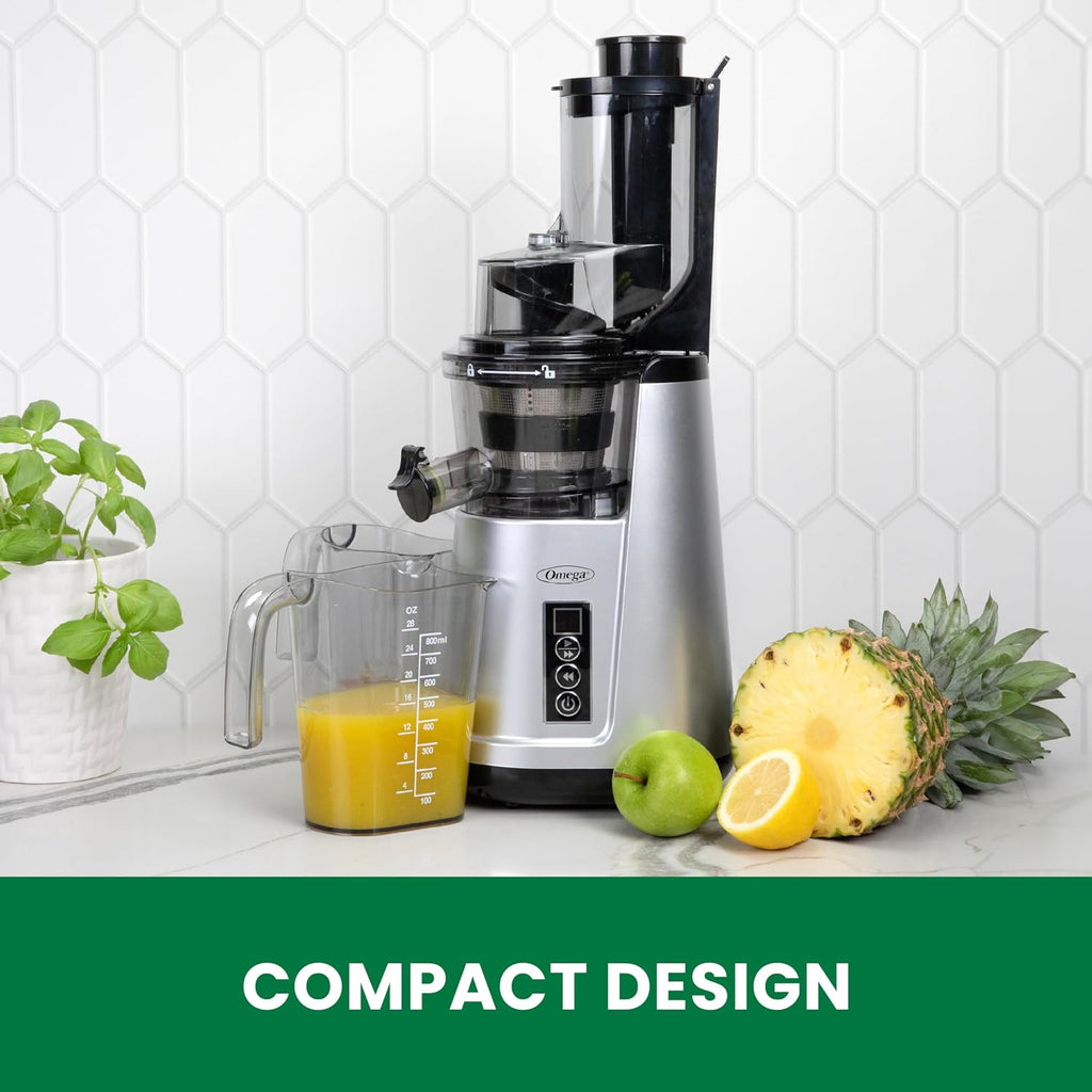 Omega Wide Mouth Juicer Compact Vertical Cold Press Vegetable and Fruit Juice Extractor with 3-Inch Hopper 2-Speed Slow Juicing with Space Saving Design, 120-Watts, Black