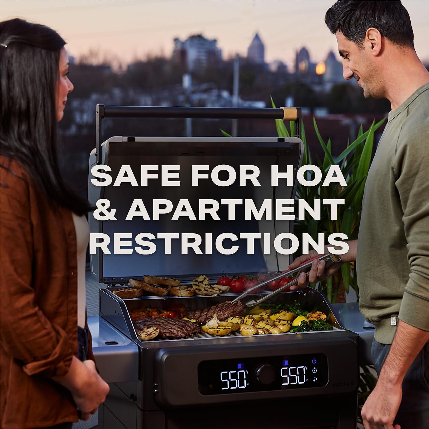Current® Model G Dual Zone Grill, Smart Electric Outdoor Grill with 200-700°F Range for Searing & Roasting, Digital Precision, Independent Heat Zones, Apartment-Friendly & Weather-Resistant, Moon Dust