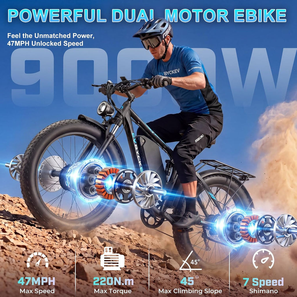 9000W Peak Dual Motor Ebike for Adults 47 MPH Fast ElectricBike, 58V Max Output 1972 Wh Up to 105 Miles Ebikes,24' Fat TireE-Bike,Full Suspension Electric Bicycle for Mountain Commuter