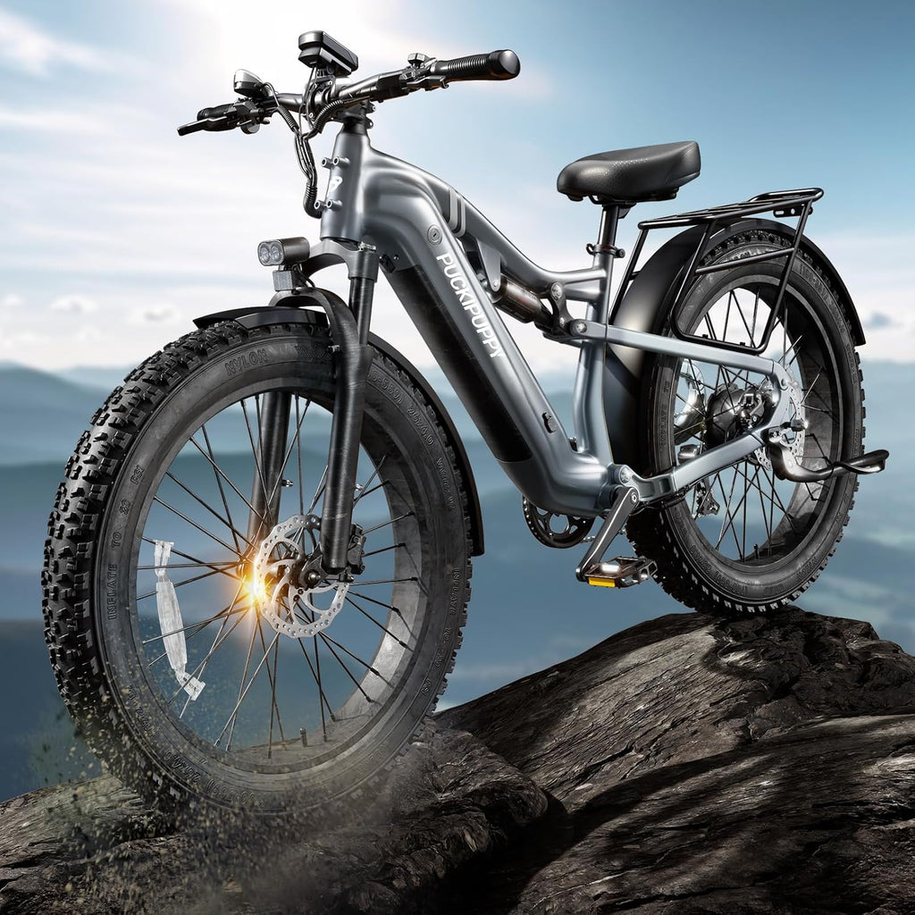 PUCKIPUPPY Electric Bike for Adults 1350W Peak, 28 MPH, 48V 20AH Battery Ebike, 26'x4' Fat Tire Full Suspension Electric Mountain Bike, 80 Miles Range, 8 Speed, Torque Sensor (Labrador Pro)