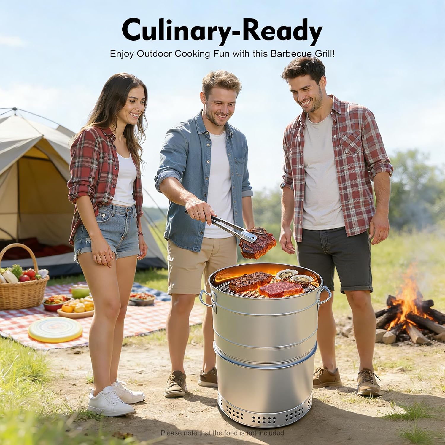 Large Portable Charcoal Grills, Stainless Charcoal BBQ Grill Barrel, 360° Automatic Smokeless Outdoor Barbecue Grill for Travel, Outdoor Cooking and BBQ, Camping Grill Picnic Patio Backyard