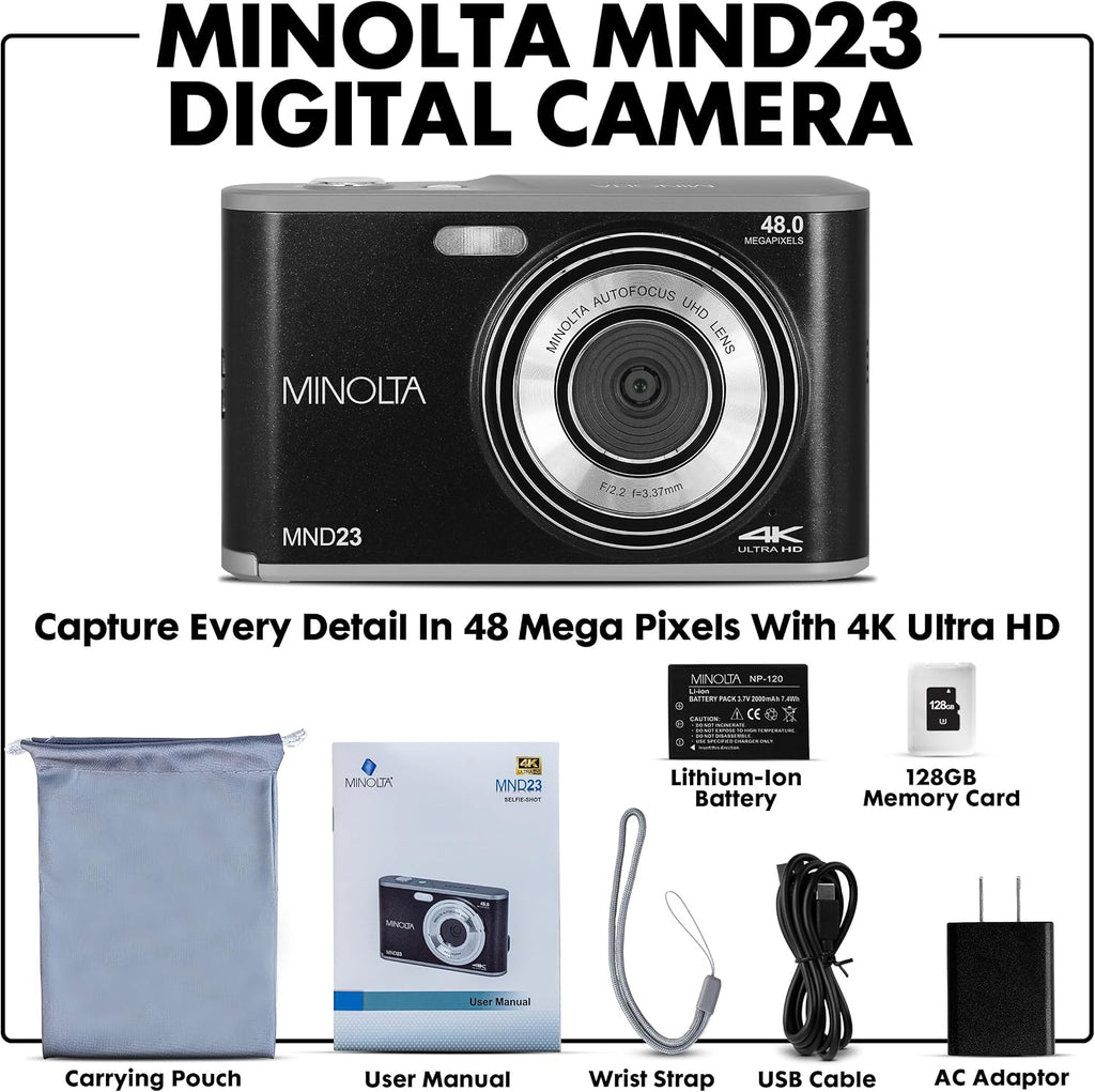 Minolta 48MP Digital Camera with Rear Selfie Lens – 4K Ultra HD Video, 2.8' LCD Screen, 16X Digital Zoom, Autofocus, Slow Motion, Time Lapse, Filters, Scene Modes, 32GB Card Included (Black)