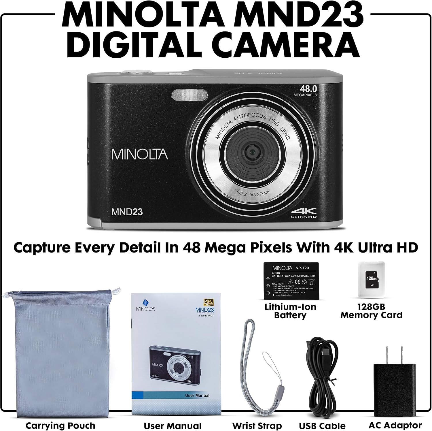 Minolta 48MP Digital Camera with Rear Selfie Lens – 4K Ultra HD Video, 2.8' LCD Screen, 16X Digital Zoom, Autofocus, Slow Motion, Time Lapse, Filters, Scene Modes, 32GB Card Included (Black)