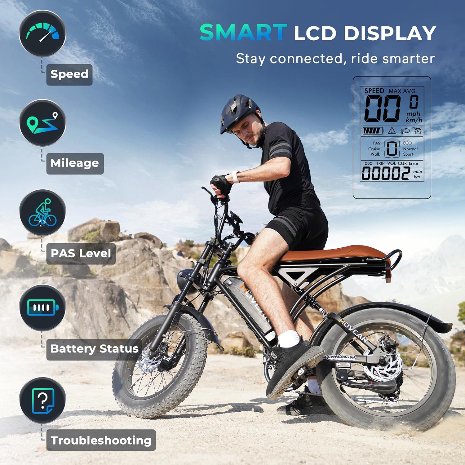 Movcan V60/V60 Pro Electric Bike, 48V 15.6/18.2Ah Removable Battery 20' Fat Tire Electric Bike, 1000/1500W Motor 30/33MPH Top Speed Electric Motorcycle, for Commute/Offroad/School/Rain/Snow Riding.