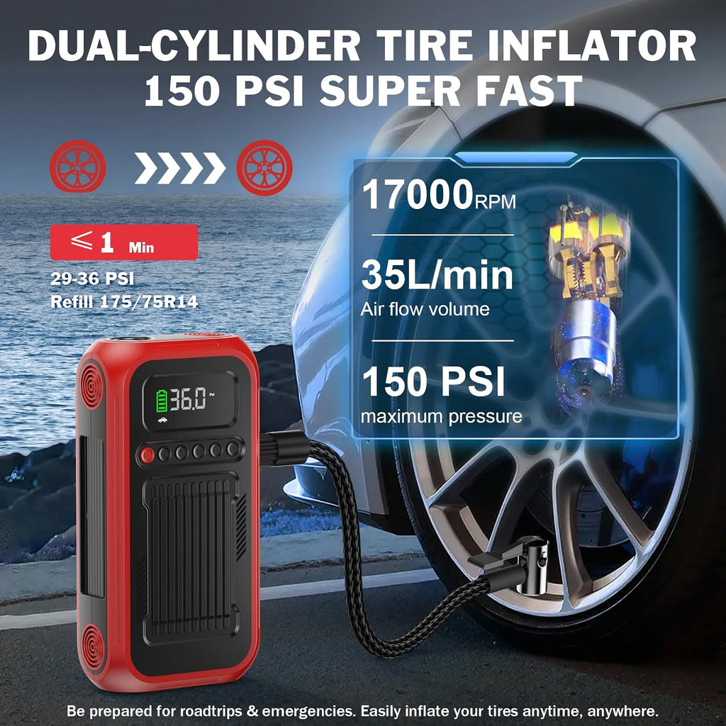 Tire Inflator Portable Air Compressor,12V Car Battery Jump Starter,5X Faster Air Pump For Car Tire with Digital Tire Pressure Gauge&LED Light&Auto Shut-Off,Cordless Pump for Car,Motor,Bicycle