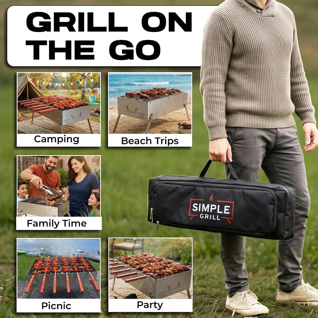 TSG Portable Stainless Steel Mangal Charcoal Grill For Shish Kebab, Steaks, Burgers | 20X12Inch| Includes 6 Skewers, 2 Tongs & Carry Bag | Foldable & Rustproof for Outdoor Cooking | Serves 8-12 People