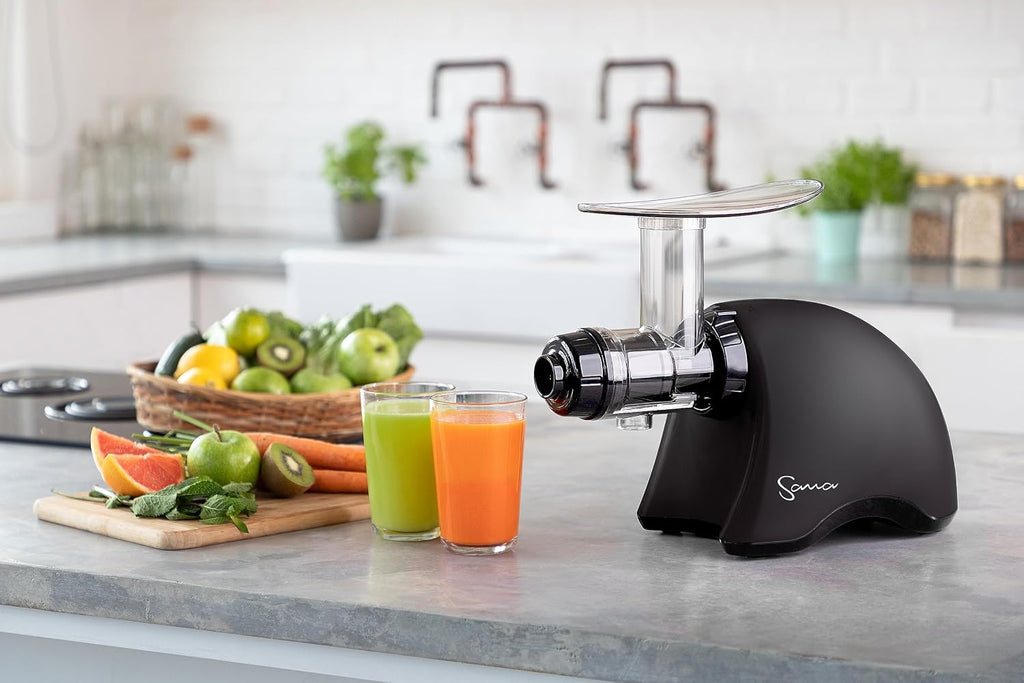 Cold Press SANA 707 Classic Horizontal Single Auger Low Speed Juicer | Easy Clean, Powerful, Auto Feed, Celery Attachment, Frozen Desserts, Pasta Extrusion, 15 Year Warranty, Black