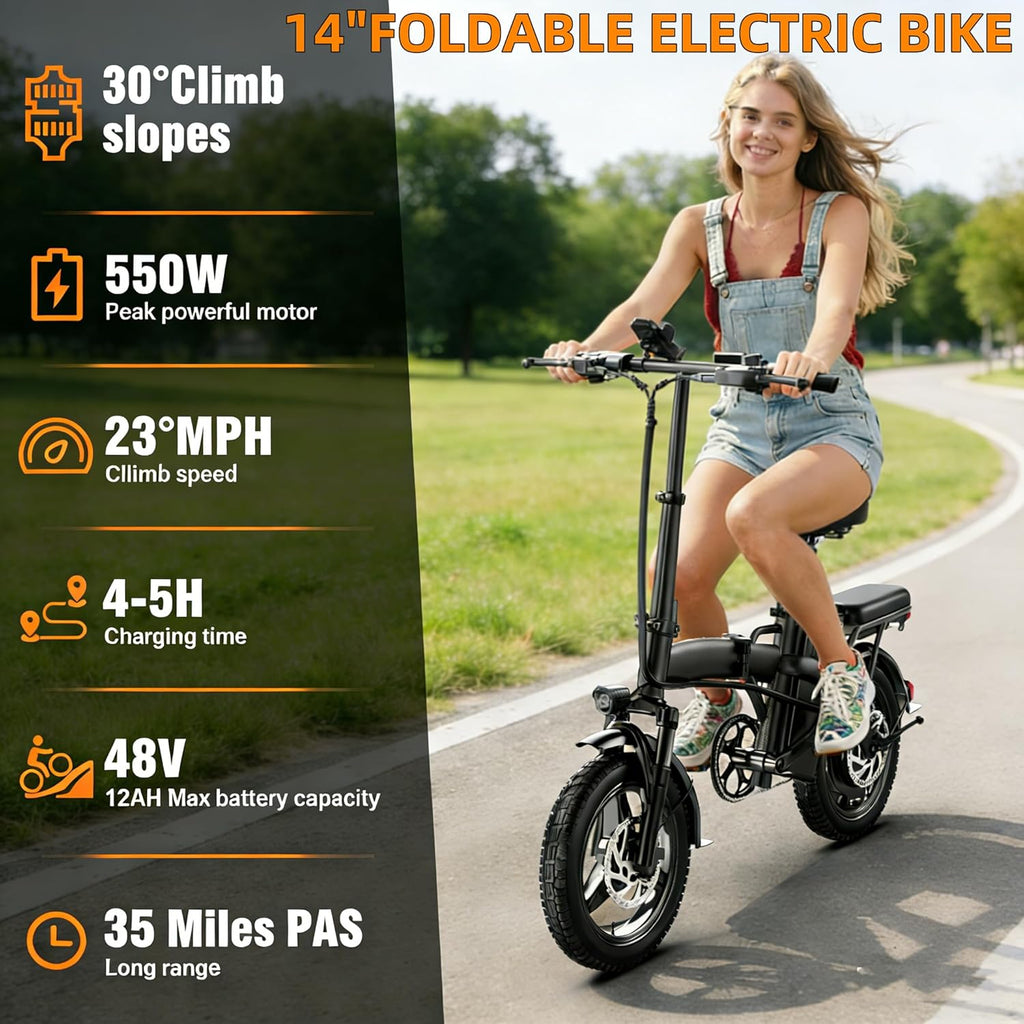 Folding Electric Bike for Adults and Teens, 350W Peak Motor, 19.88MPH E Bikes, 35 Miles PAS Range, 48V Battery, 14' Foldable Mini Commuting Electric Bicycle, UL 2849 Certified, 3-Level Pedal Assist