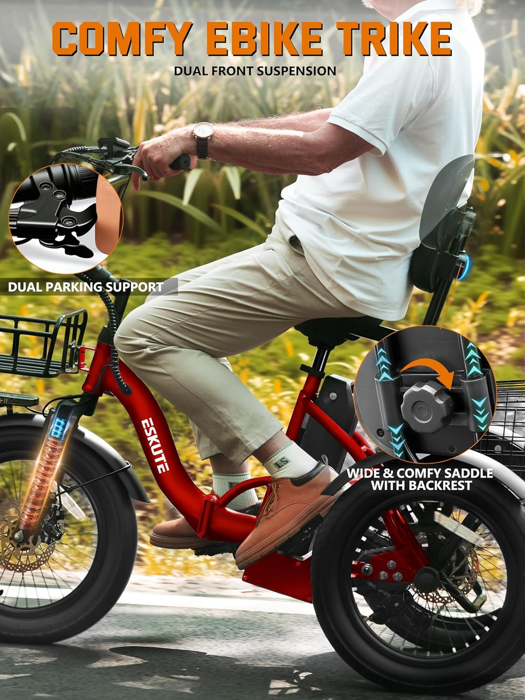 ESKUTE E Trike Electric Bike, Peak 1200W Brushless Motor Folding Trike 18X3.0 Fat Tire Ebike, 624Wh Removable Battery, Step-Thru 3 Wheel Electric Bicycle, Up to 55 Miles, 18MPH+ Tricycle for Adults
