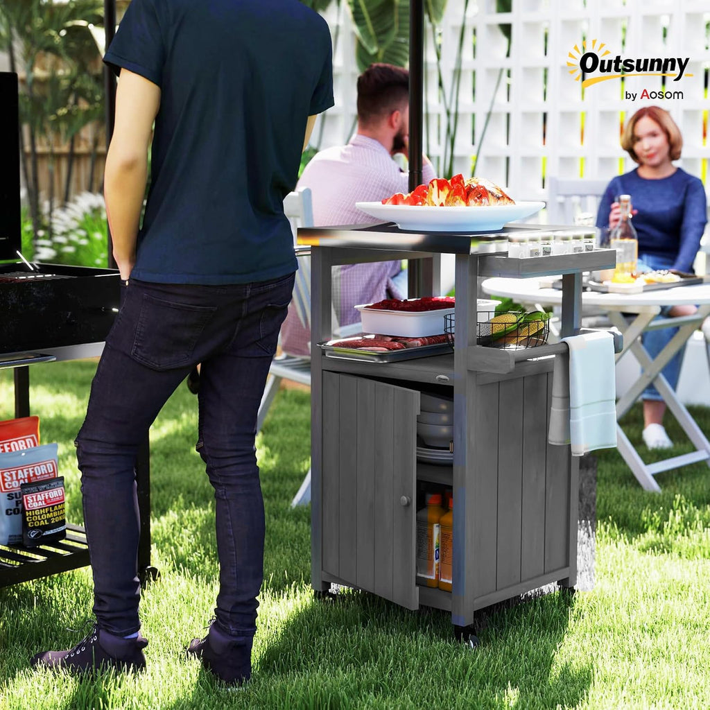 Outsunny Outdoor Grill Cart with Wheels, Stainless Steel Top, Solid Wood Outdoor Kitchen Island with Storage Cabinet, Integrated Hole, Movable Bar Cart with Spice Rack, Side Handle for BBQ, Dark Gray