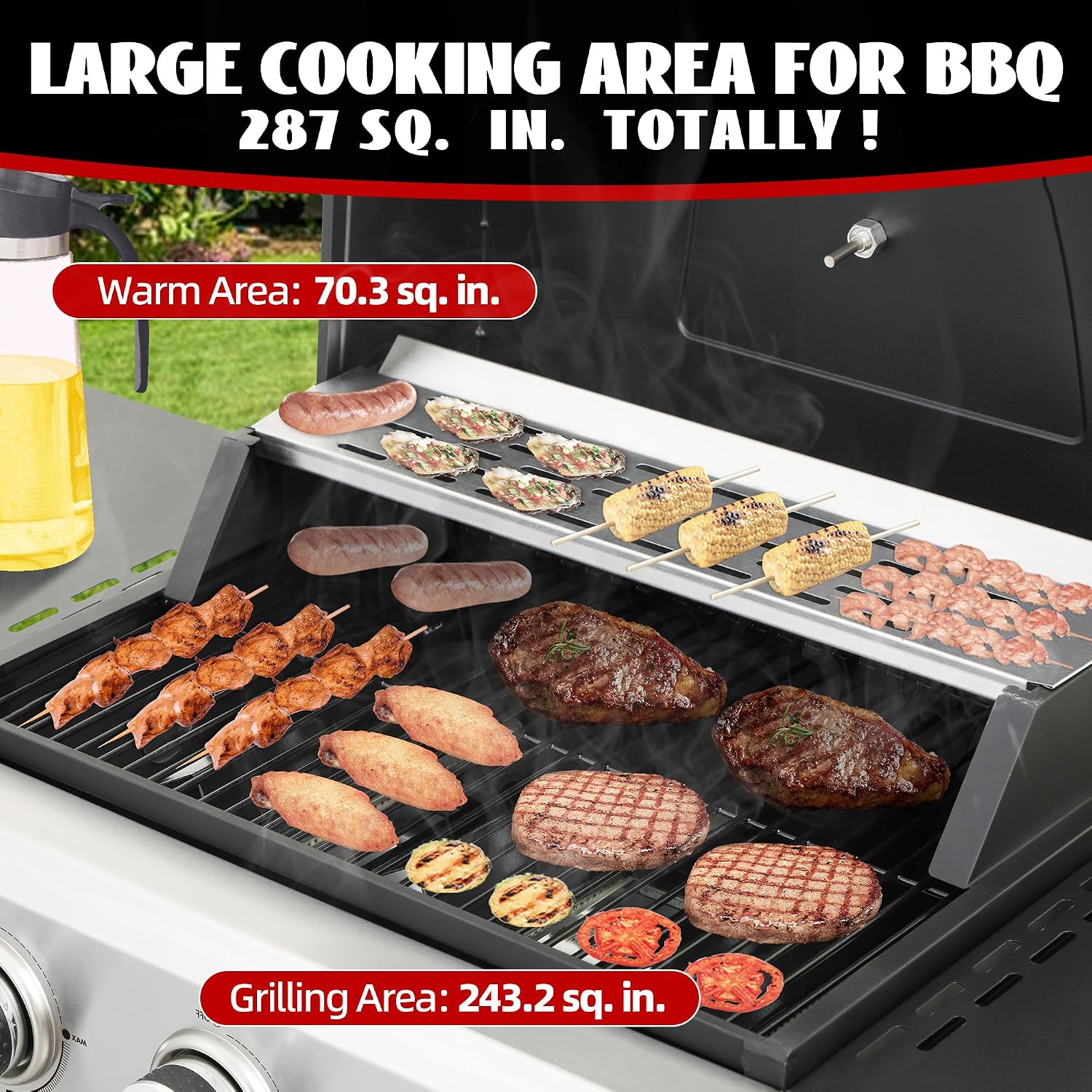 3-Burner Propane Gas Grill with 2 Foldable Side Tables, 25,650 BTU Outdoor BBQ Grill with Porcelain-Enameled Flame Tamers, Built-in Thermometer, Easy Assembly for Patio, Backyard BBQ