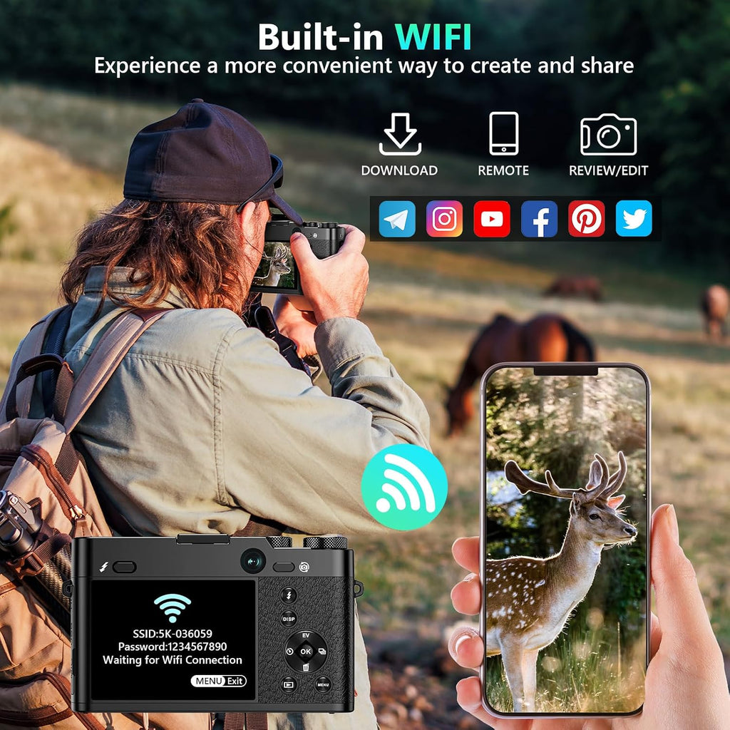 5K Digital Camera, 64MP Cameras for Photography with 6X Optical Zoom & Autofocus, WiFi Vlogging Camera for YouTube Video, Dual-Lens, 2 Batteries, 64GB Card & Flash, Best Cameras for Content Creators