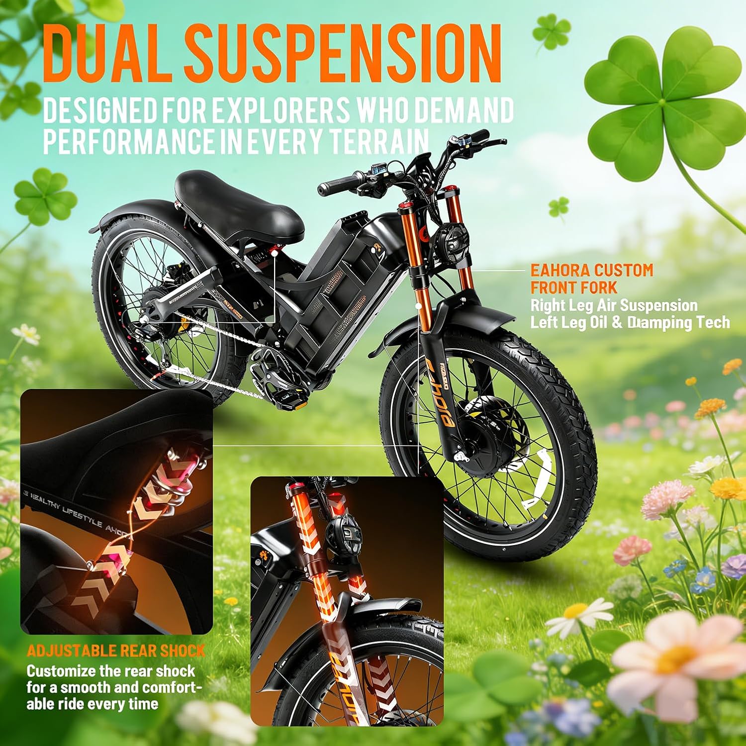 eAhora 2026 Romeo Pro 3 5600W 50Mph High-Torque Ebike, 60V 80Ah 250-Mile Long Range Electric Bike for Adults, Adjustable Air Suspension, 26'' Puncture-Proof Tire, UL 2849 Certified by TÜV