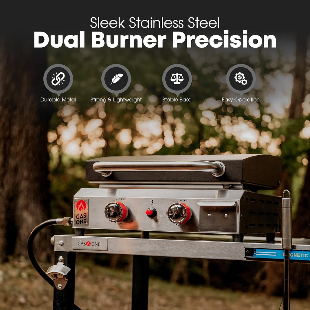 GasOne Flat Top Gas Grill with Lid – Auto Ignition Propane – Premium Stainless Steel Body Tabletop with Pre Season Griddle – Oil Drip Tray – for RV, Camping