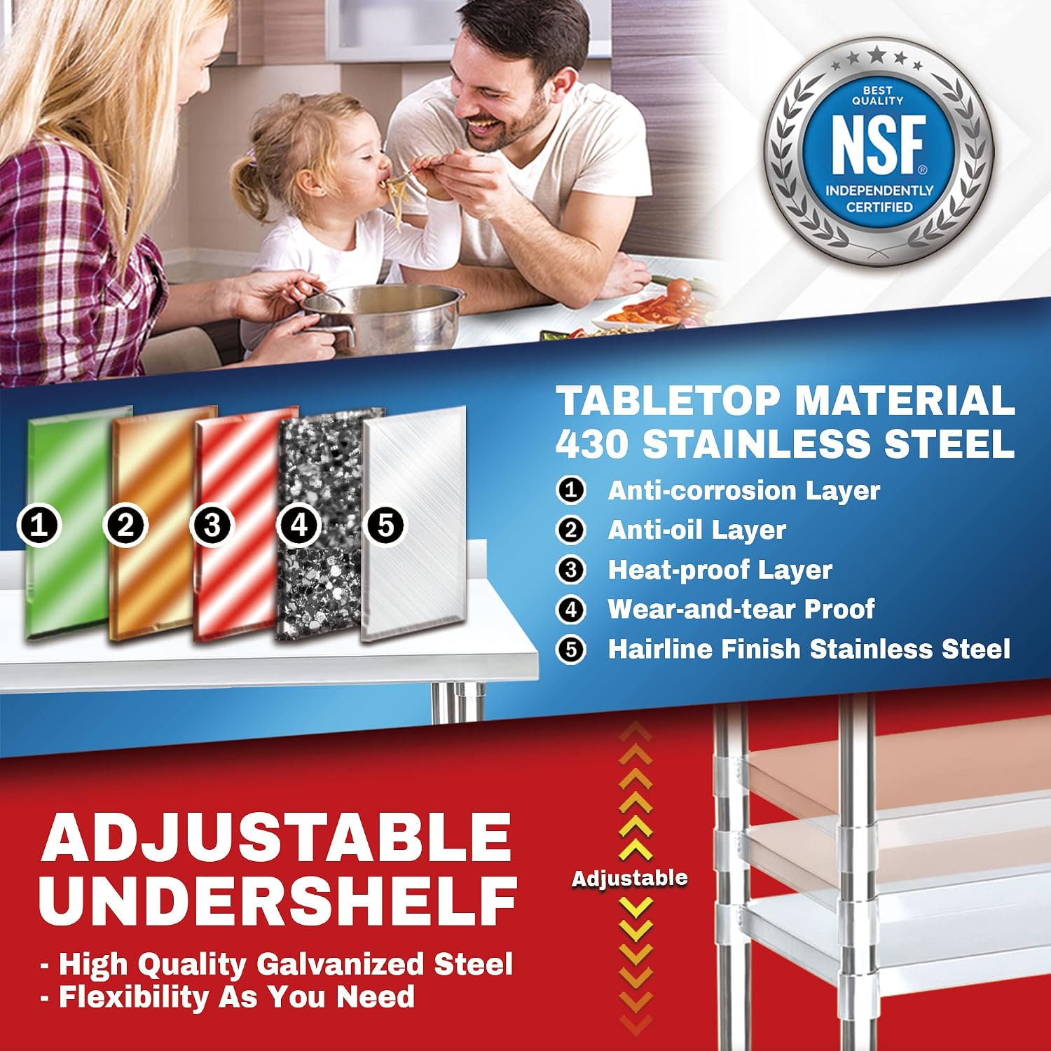 DuraSteel NSF Commercial Kitchen Table - 24 x 30 Inch Cooking Prep Stainless Steel Kitchen Island Workstation w/ Adjustable Under Shelf - Heavy Metal Backsplash Workbench For Restaurant, Home, Garage