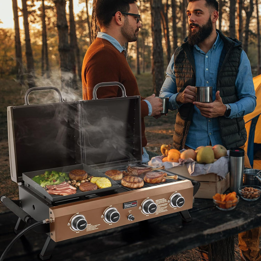 GD4002TPY Portable Tabletop Grill & Griddle Combo with Hood, 4-Burner Portable Propane Gas Grill Griddle Combo for Backyard, Camping, Picnicking and Tailgating, 40,000 BTU, Bronze Gold