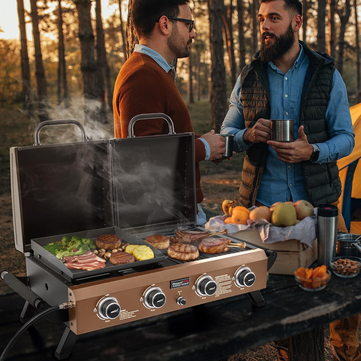GD4002TPY Portable Tabletop Grill & Griddle Combo with Hood, 4-Burner Portable Propane Gas Grill Griddle Combo for Backyard, Camping, Picnicking and Tailgating, 40,000 BTU, Bronze Gold